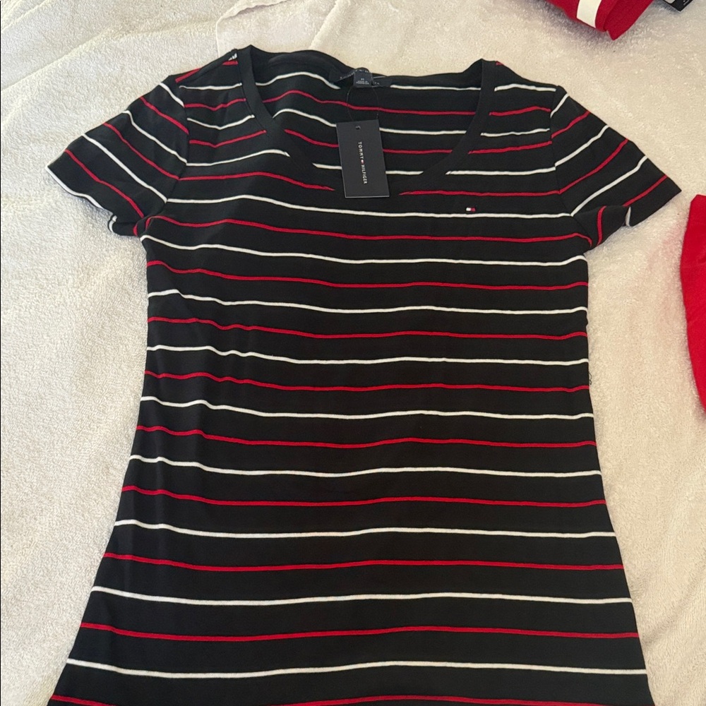 Tommy Hilfiger Women's Black Tee with Red and White Stripes